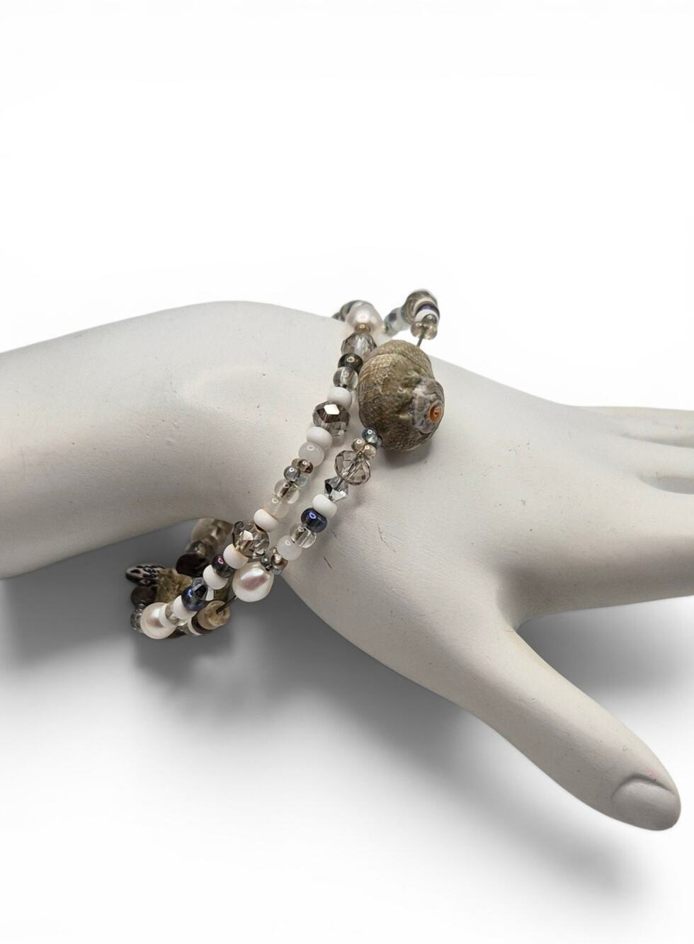 Handmade Seashell Freshwater Pearl Double Wrap Bracelet Coastal